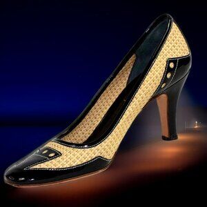 Prada Black Patent Woven Tan Raffia Distinct Toe Cap Pumps, Size 36.5 (US 6.5)